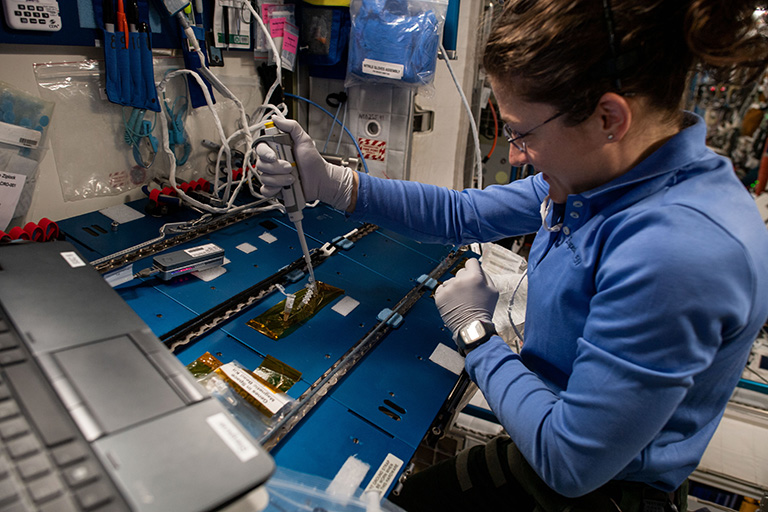 NASA astronaut Christina Koch works on a Genes in Space investigation on the ISS.