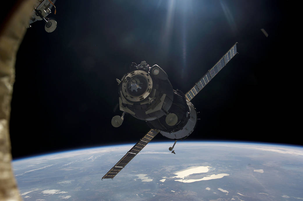 Carrying the Expedition 12 crew, a Soyuz TMA 7 that launched a few days earlier from the Baikinour Cosmodrome in Kazakhstan approaches the International Space Station.