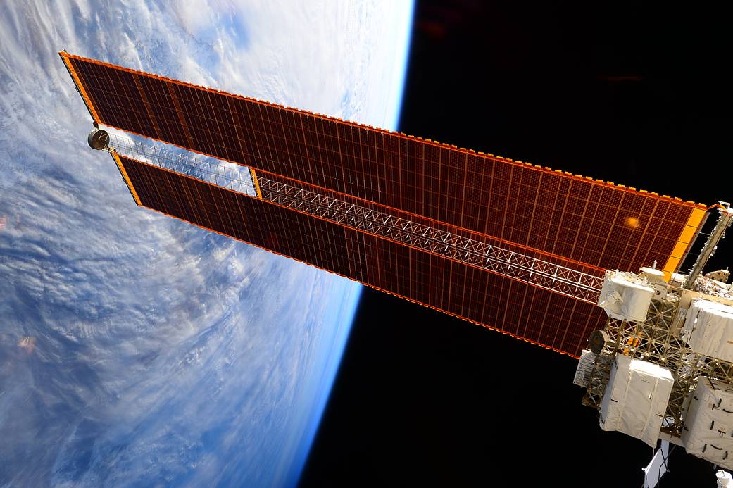Expedition 43 Flight Engineer Samantha Cristoforetti of the European Space Agency (ESA) photographed the giant solar arrays on the International Space Station on Feb. 12, 2015.