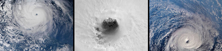 This black and white image provides a close up view of the 34 kilometer (21 mile) wide eye of Hurricane Harvey. This view covers an area of about 150 kilometers by 100 kilometers (93 miles by 62 miles). This image provides a clear view into the eye of Harvey as the rapidly intensifying storm approached the coast of Texas. At this point, the surface winds were 200 kilometers per hour (125 mph) and increasing. The clouds that form the eyewall (the boundary around the hurricanes eye) look dramatic in 3D.