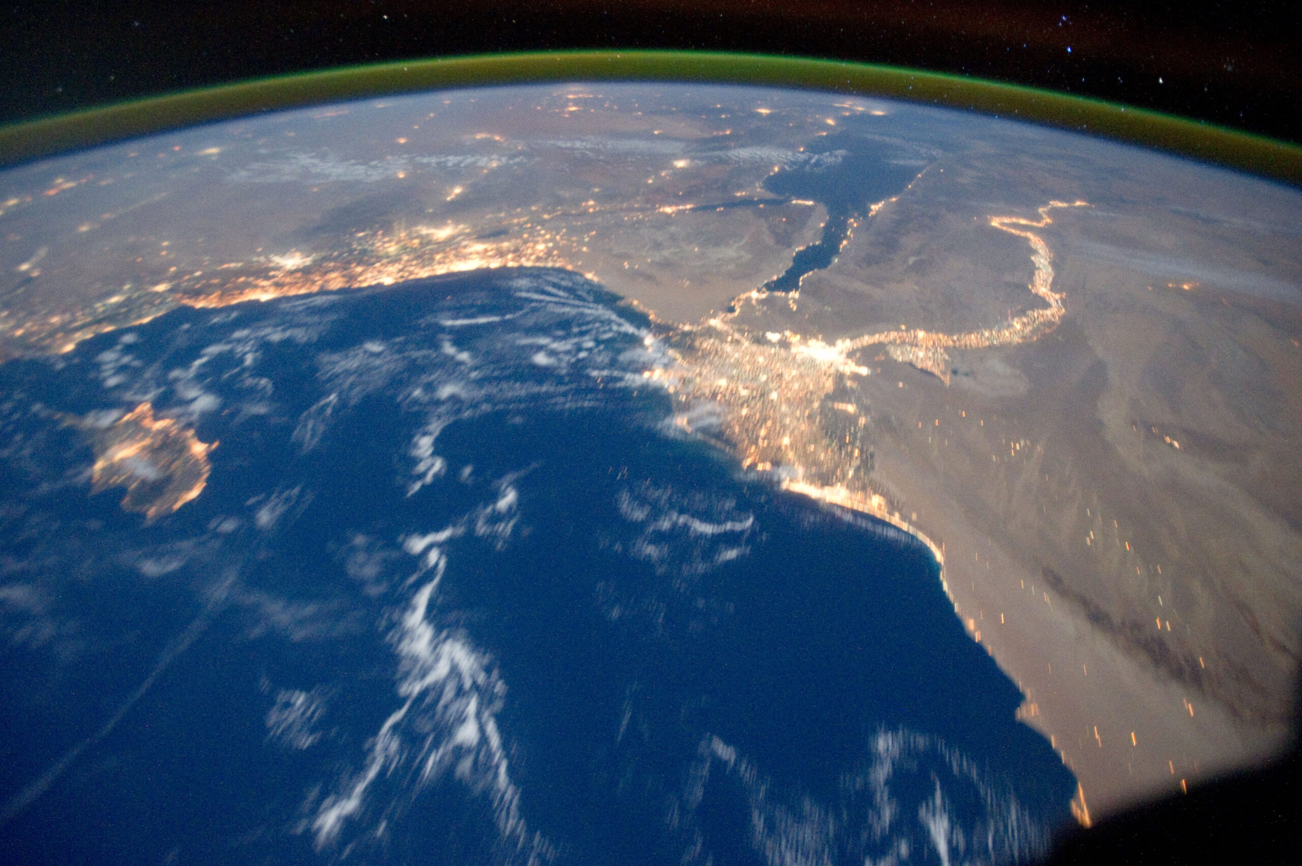 One of the Expedition 29 crew members aboard the International Space Station recorded this oblique view showing the Mediterranean Sea area, including the Nile River and the rivers delta, and the Sinai Peninsula, on Oct. 15, 2011.