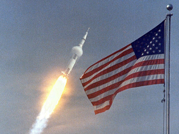 The American flag heralded the launch of Apollo 11, the first Lunar landing mission, on July 16, 1969.