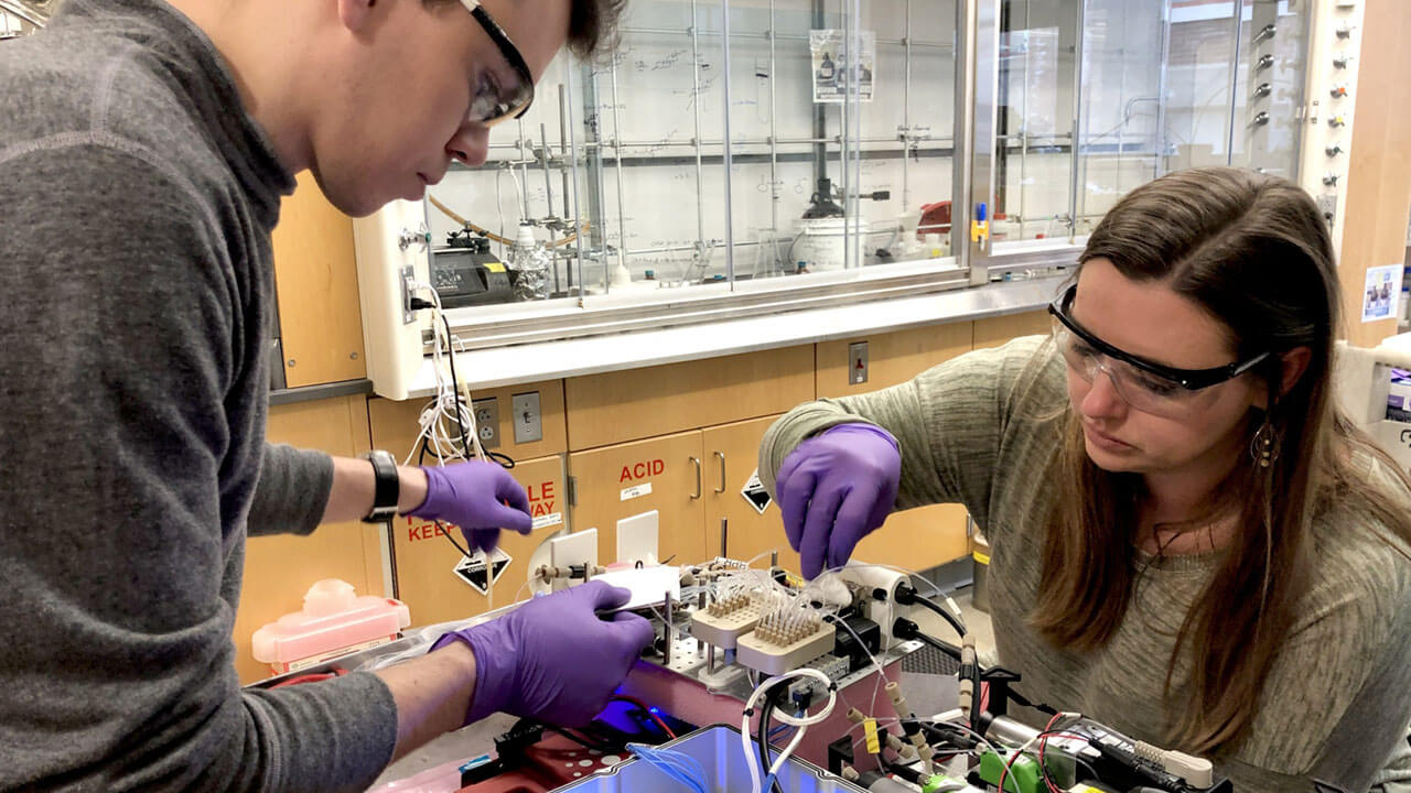 Boston Universitys Beeler Lab Graduate Student Matthew Mailloux and Space Tangos TangoLab Program Manager Gentry Barnett conduct an EVT of the Flow Chemistry CubeLab launching on SpaceX CRS 20.