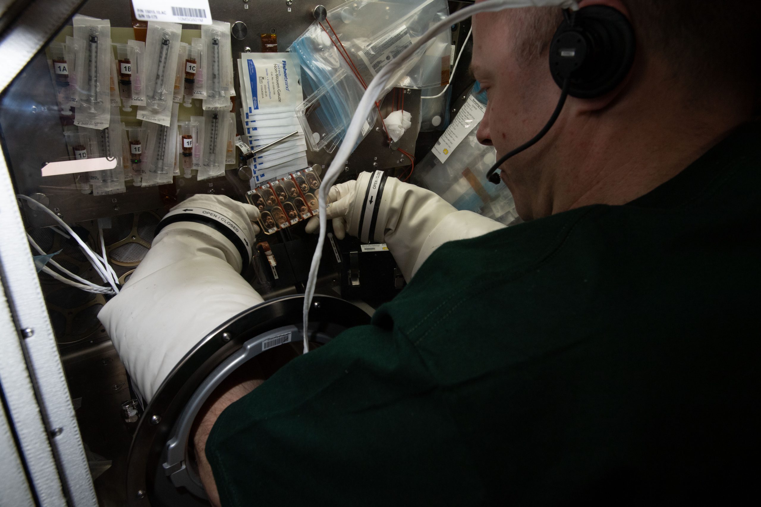 NASA astronaut Nick Hague examining the BioServe designed 12 well plate in preparation of withdrawing samples in support of the NASA sponsored Micro 14 experiment.