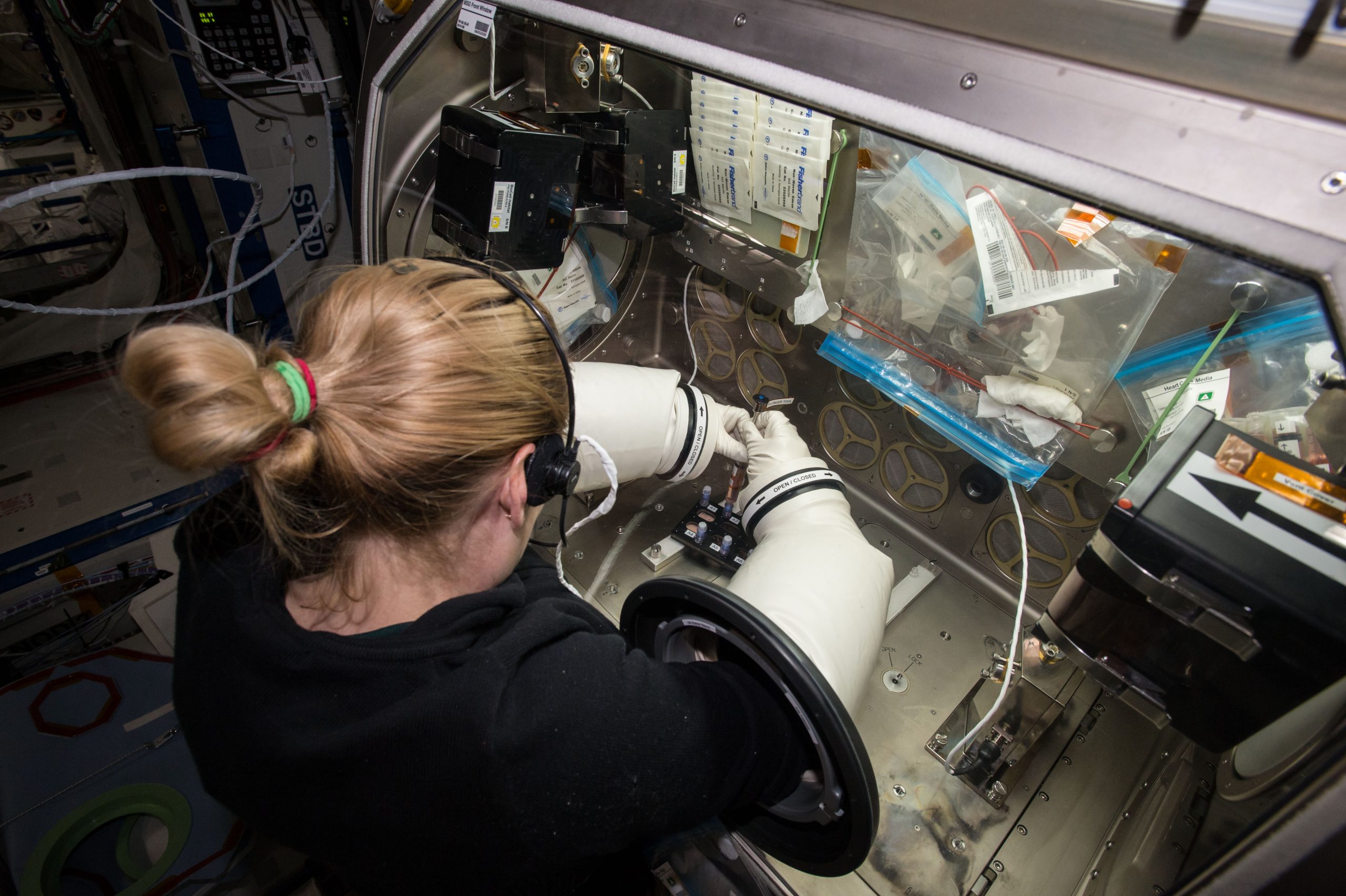 NASA astronaut Kate Rubins completing a media exchange for functional cardiomyocytes housed in BioServes BioCell hardware in support of the Heart Cell experiment.