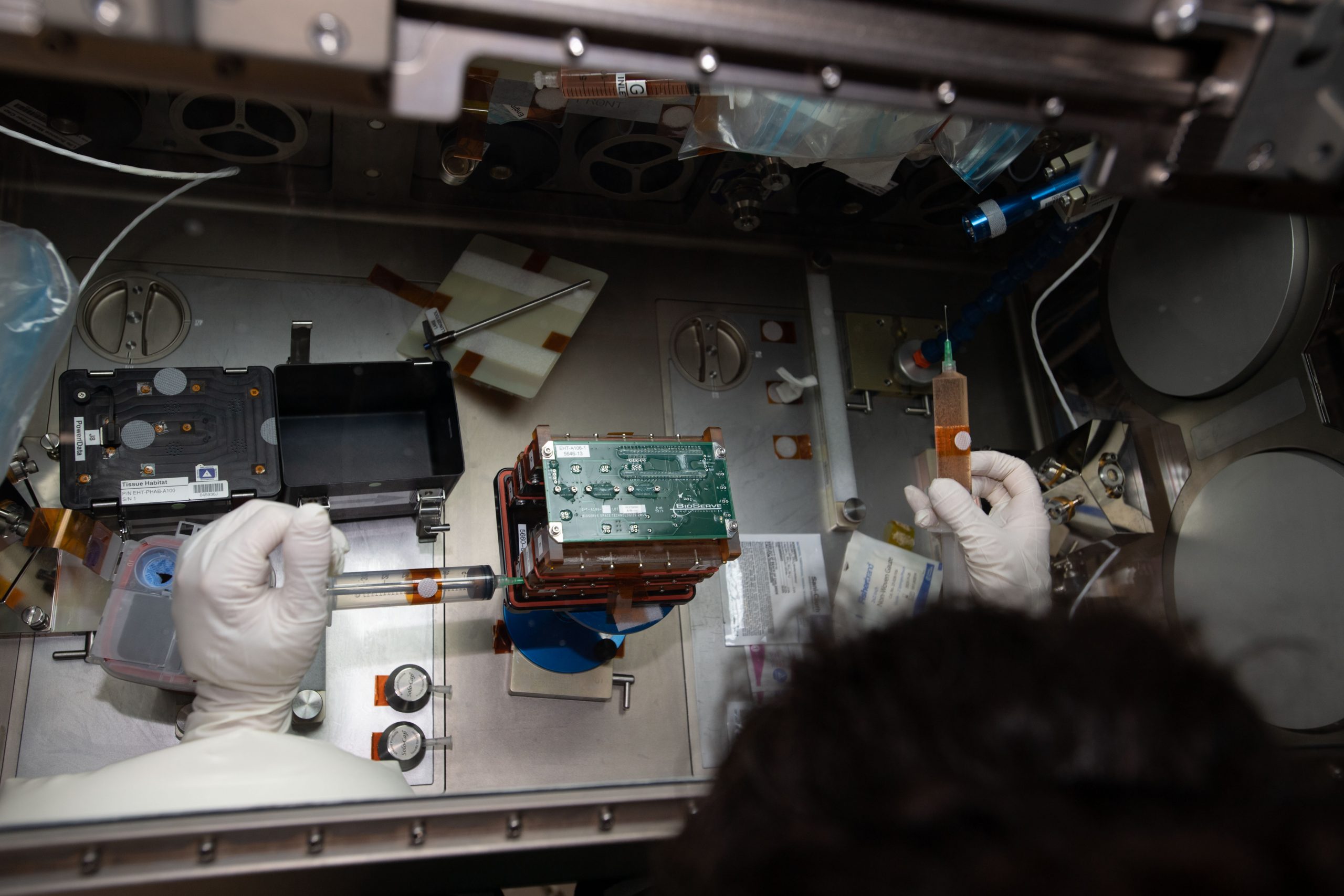 NASA astronaut Jessica Meir completing a media exchange for the Engineered Heart Tissues (EHT) housed within BioServe designed hardware. The EHT experiment is part of the organ on a chip program sponsored by NIH NCATS.
