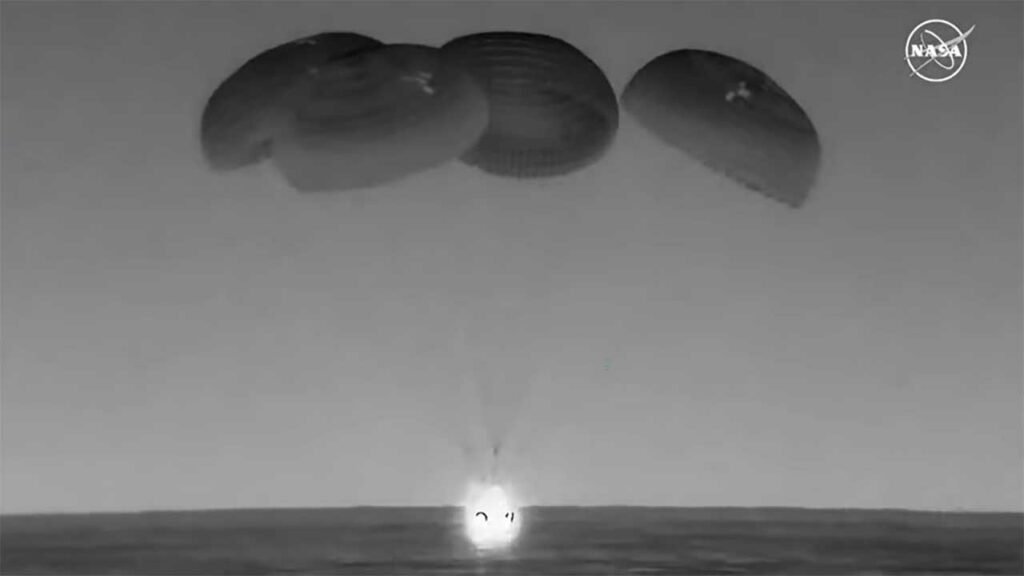 The SpaceX Dragon Endurance spacecraft is seen as it splashes down in the Gulf of Mexico off the coast of Pensacola, Florida, at 5:47 a.m. EDT, returning Crew-7 to Earth.