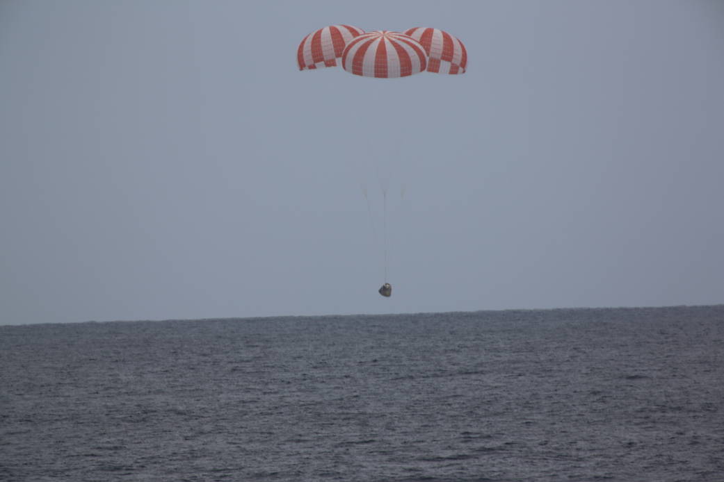 A SpaceX Dragon cargo spacecraft splashed down in the Pacific Ocean at 2:51 p.m. EDT Wednesday, May 11, 2016, about 261 miles southwest of Long Beach, California.