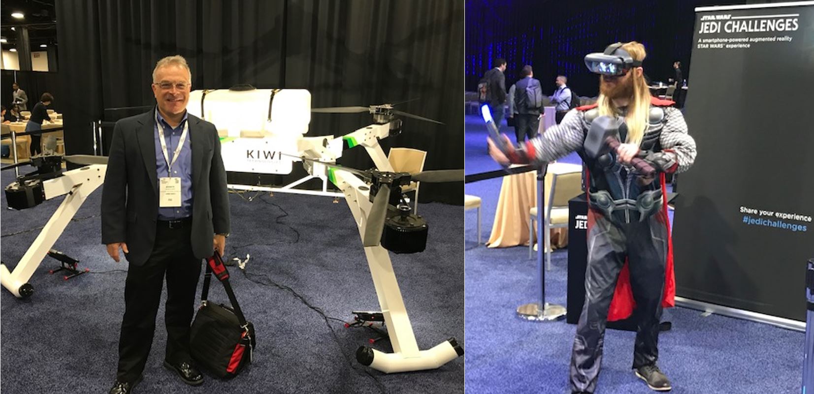 The conferences roots in technology innovation are evident not only in the conference talks but also in the exhibits at the expo. I went from watching Thor try out the latest virtual reality goggles to exploring the newest agricultural drone technology an autonomous crop duster capable of carrying 500 pounds of payload with 20 minutes flight life! Living in Indiana just a quarter of a mile from a corn field, I think it is just a matter of time until I see these car sized vehicles flying overhead.