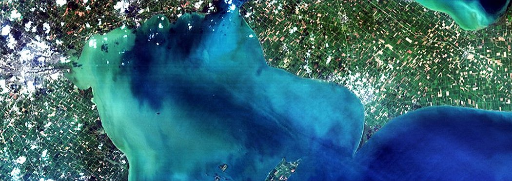 A Hyperspectral Imager for the Coastal Ocean (HICO) image of western Lake Erie, Aug. 15, 2014, taken from the orbital perspective of the International Space Station.