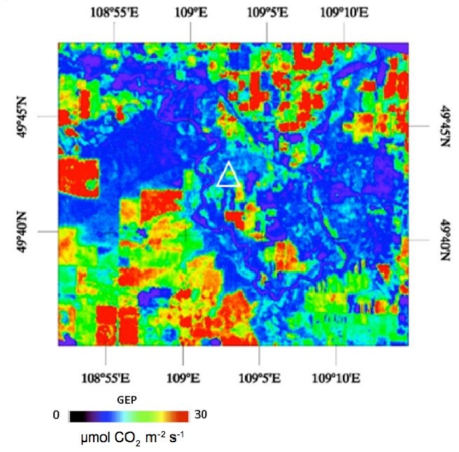 Map of gross ecosystem production derived from HICO imagery from the ISS for the study area around Lethbridge, Alberta, Canada. Image collected July 2, 2013. The triangle indicates the location of the flux tower. The area is a mixture of grassland and crops, resulting in a complex spatial pattern of productivity.