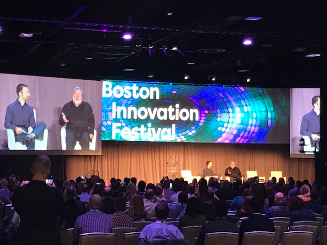 Steve Wozniak and John Valentine in the keynote fireside chat at the 2019 FEI Conference.