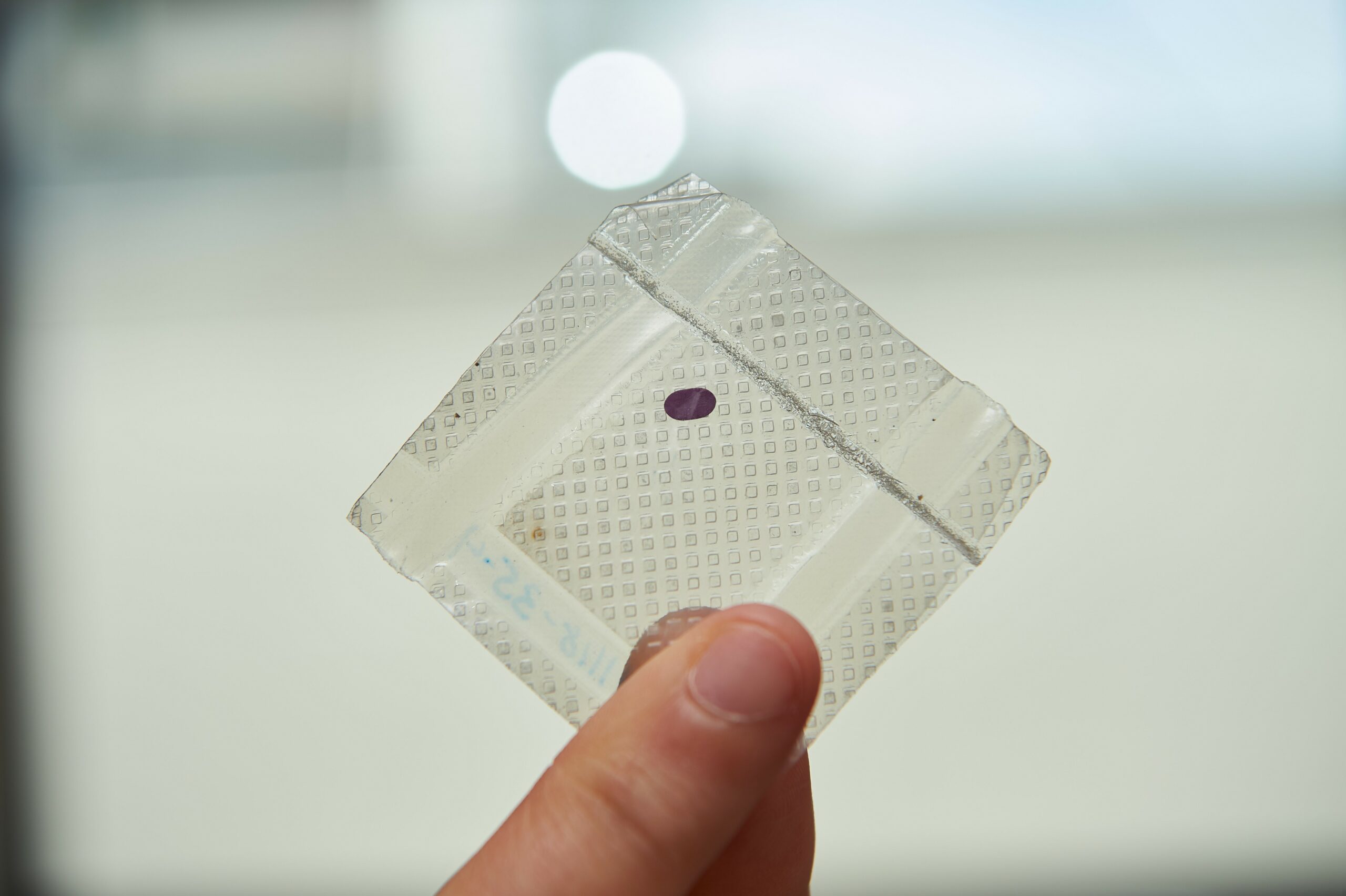 LambdaVisions tiny protein based retinal implant. The implant is the small purple dot, which is about the size of a paper hole punch.
