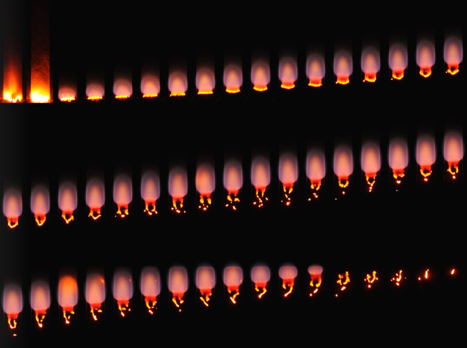 Montage of flame images for a burning 1 cm wide cotton blend fabric. Images are taken 1.125 seconds apart starting at the top and moving from left to right. Air flow speed is constant at 10 cm s, and flow direction is from bottom to top. The flame reaches steady state after about 10 seconds.