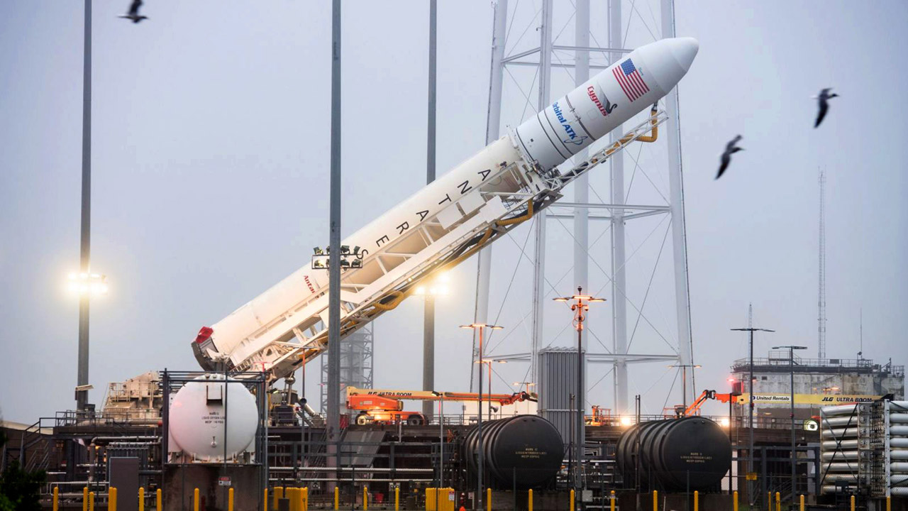After the fully loaded Cygnus capsule was secured to the Antares rocket, engineers rotated the rocket to a vertical position for launch at NASAs Wallops Flight Facility.