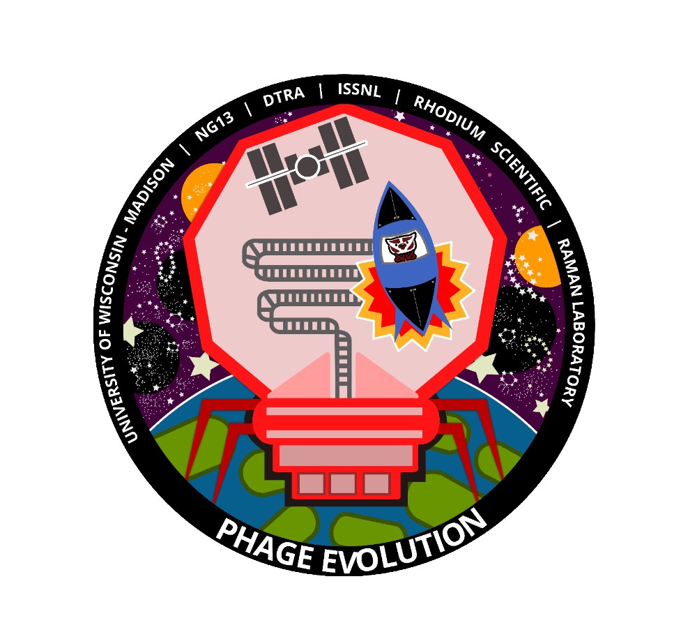 Official mission patch for the Rhodium Phage Evolution project designed by Chutikarn Chitboonthavisuk from the University of Wisconsin Madison.