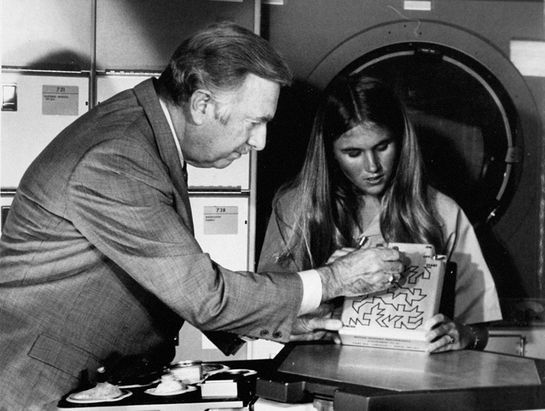 Skylab student scientist Kathy Jackson demonstrates her sensory motor project to Walter Cronkite.