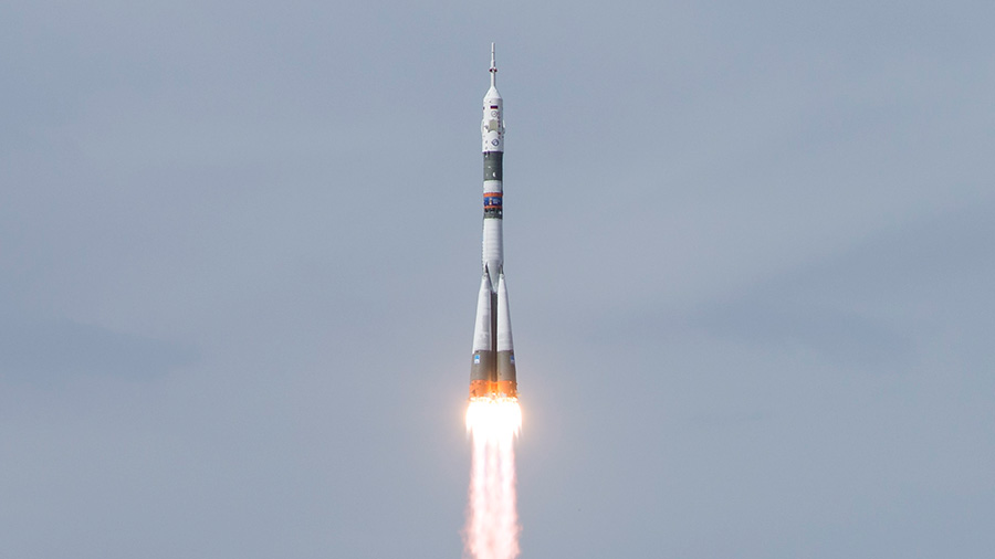 The Soyuz MS 09 rocket heads to space with three Expedition 56 57 crew members after launching on time from the Baikonur Cosmodrome in Kazakhstan.