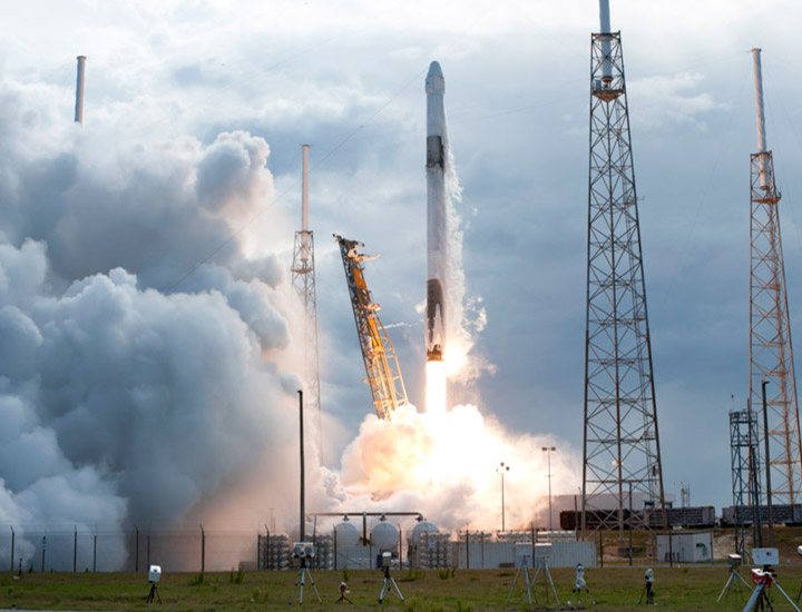 A SpaceX Falcon 9 rocket lifts off from Space Launch Complex 40 at Cape Canaveral Air Force Station in Florida on April 2, 2018, carrying the SpaceX Dragon resupply spacecraft on the companys 14th Commercial Resupply Services contract mission to the International Space Station.