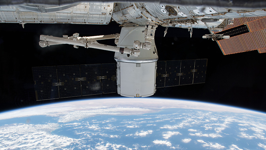The SpaceX Dragon resupply ship was gripped by the Canadarm2 robotic arm on April 27, 2018 in preparation for its detachment from the Harmony module and its release back to Earth for splashdown and retrieval in the Pacific Ocean.