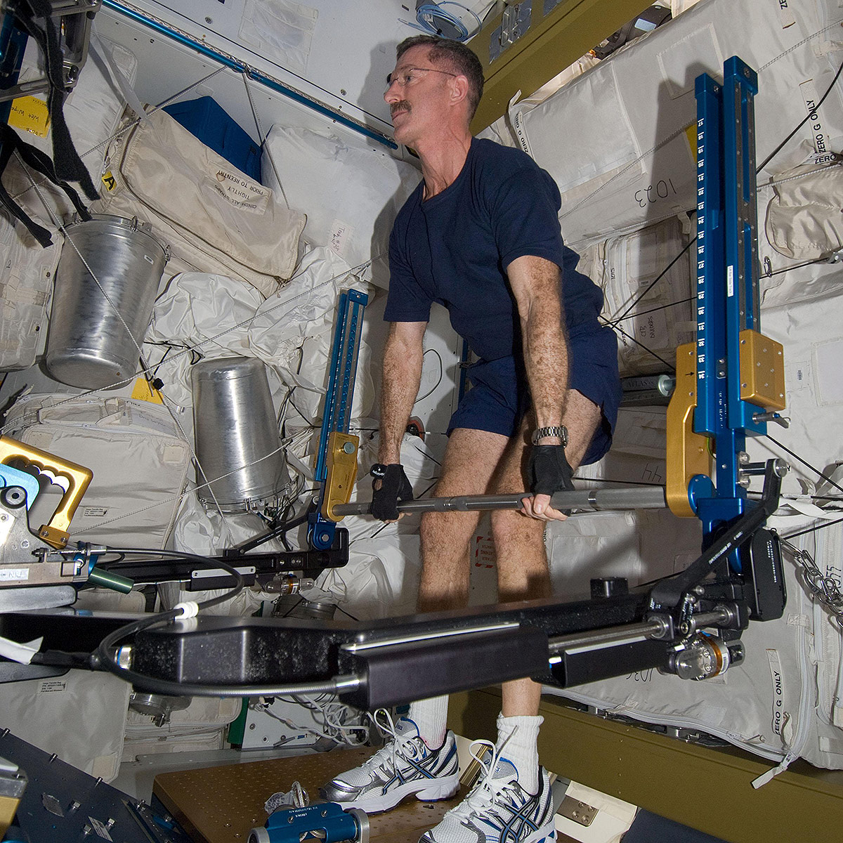 ISS030E012688 NASA astronaut Dan Burbank, Expedition 30 commander, exercises using the Advanced Resistive Exercise Device (ARED) in the Tranquility node of the International Space Station.