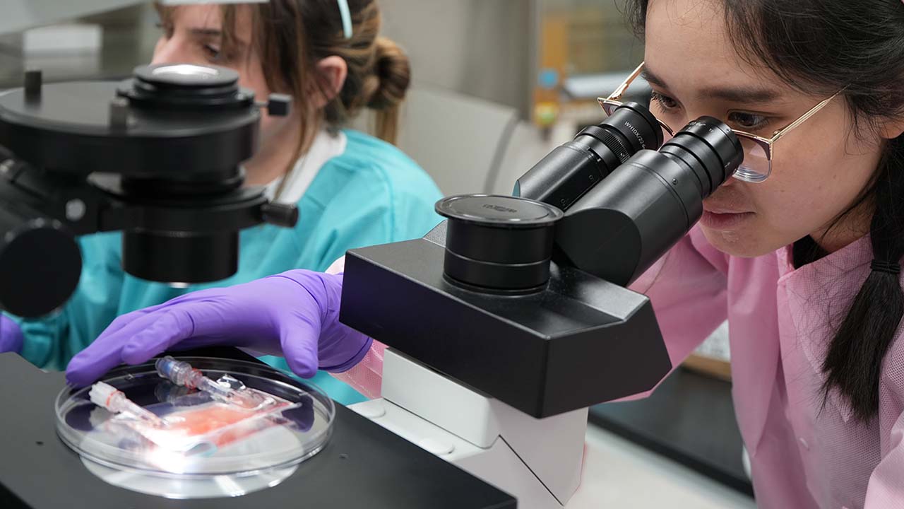 ax2-sanford-researchers-microscope Jessica Pham, a senior laboratory researcher with the University of California San Diego on Catriona Jamiesons team, observes cells in a nanobioreactor being prepared for a mission to the International Space Station.
