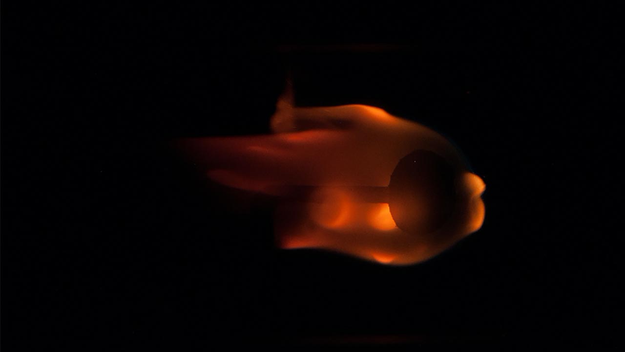 Close-up image photographed during a run of the Burning and Suppression of Solids (BASS) experiment onboard the International Space Station