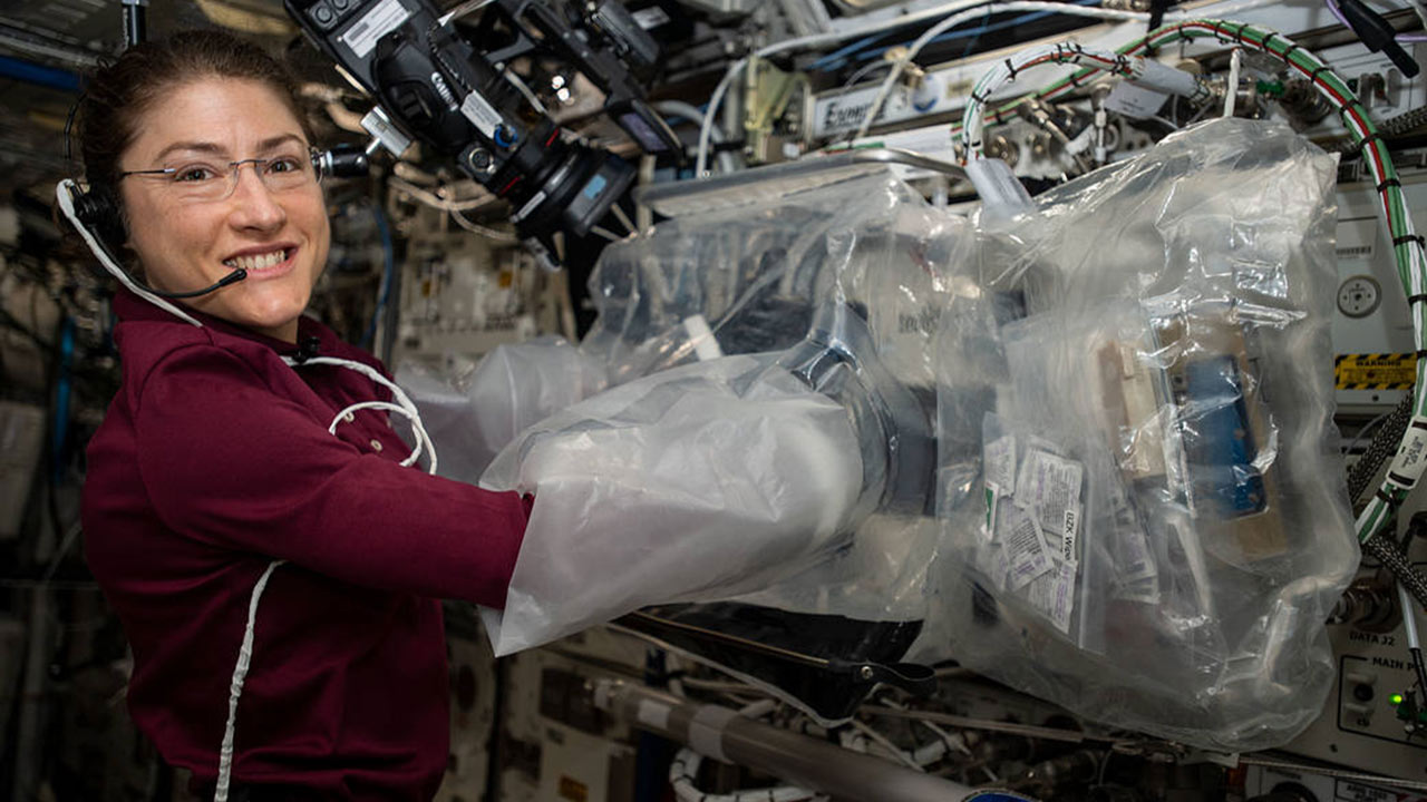 Expedition 60 Flight Engineer Christina Koch of NASA activates the new BioFabrication Facility to test its ability to print cells.