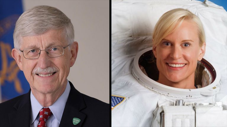Dr. Francis Collins, director of the National Institutes of Health, and NASA astronaut Dr. Kate Rubins