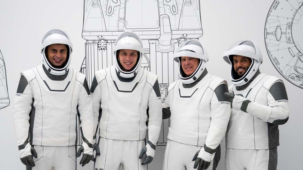 The astronauts of SpaceX Crew 6 (left to right): Mission Specialist Andrey Fedyaev, Pilot Warren Woody Hoburg, Commander Stephen Bowen, and Mission Specialist Sultan Alneyadi.