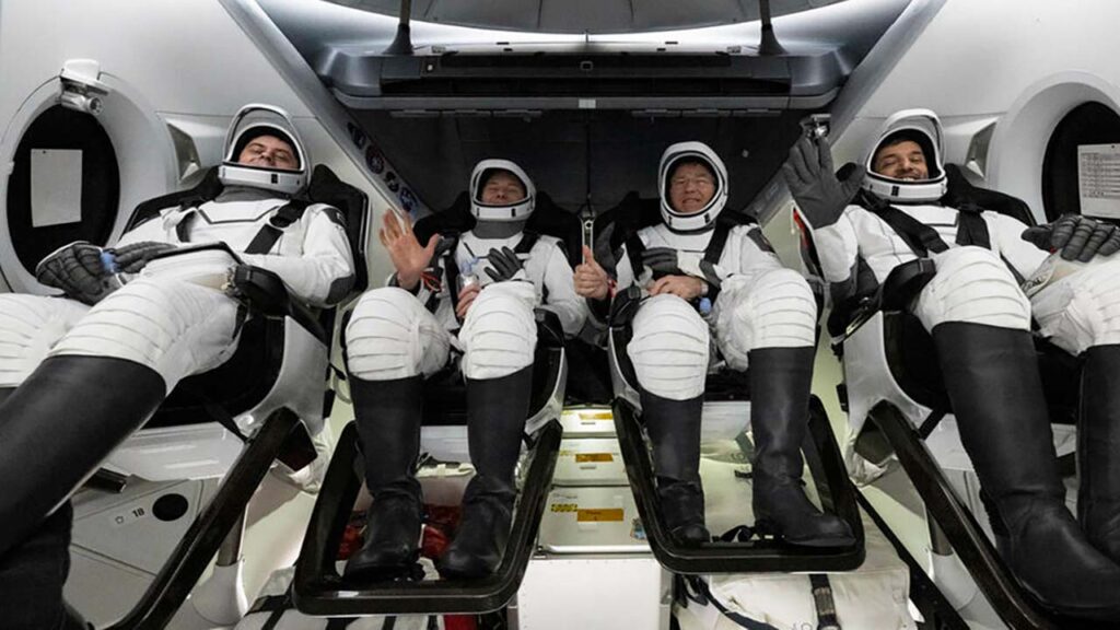 crew6-post-departure-iss-aug2023 From left: Roscosmos cosmonaut Andrey Fedyaev, NASA astronaut Warren Woody Hoburg, NASA astronaut Stephen Bowen, and UAE astronaut Sultan Alneyadi, are seen inside the SpaceX Dragon Endeavour spacecraft shortly after landing in the Atlantic Ocean off the Florida coast.