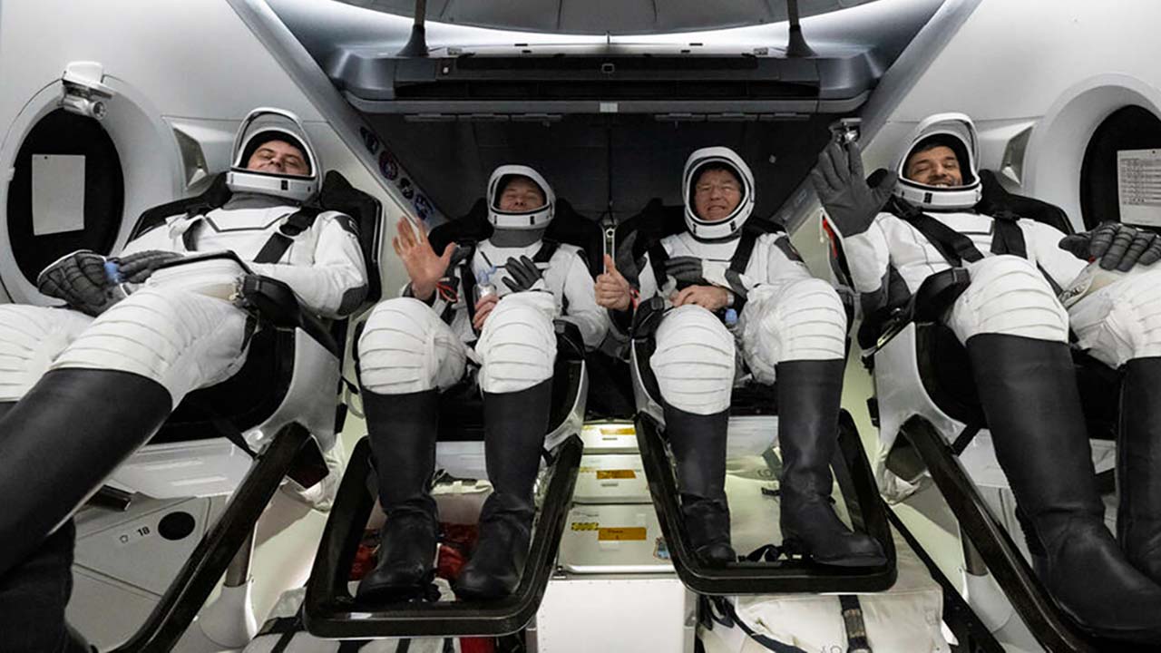 From left: Roscosmos cosmonaut Andrey Fedyaev, NASA astronaut Warren Woody Hoburg, NASA astronaut Stephen Bowen, and UAE astronaut Sultan Alneyadi, are seen inside the SpaceX Dragon Endeavour spacecraft shortly after landing in the Atlantic Ocean off the Florida coast.