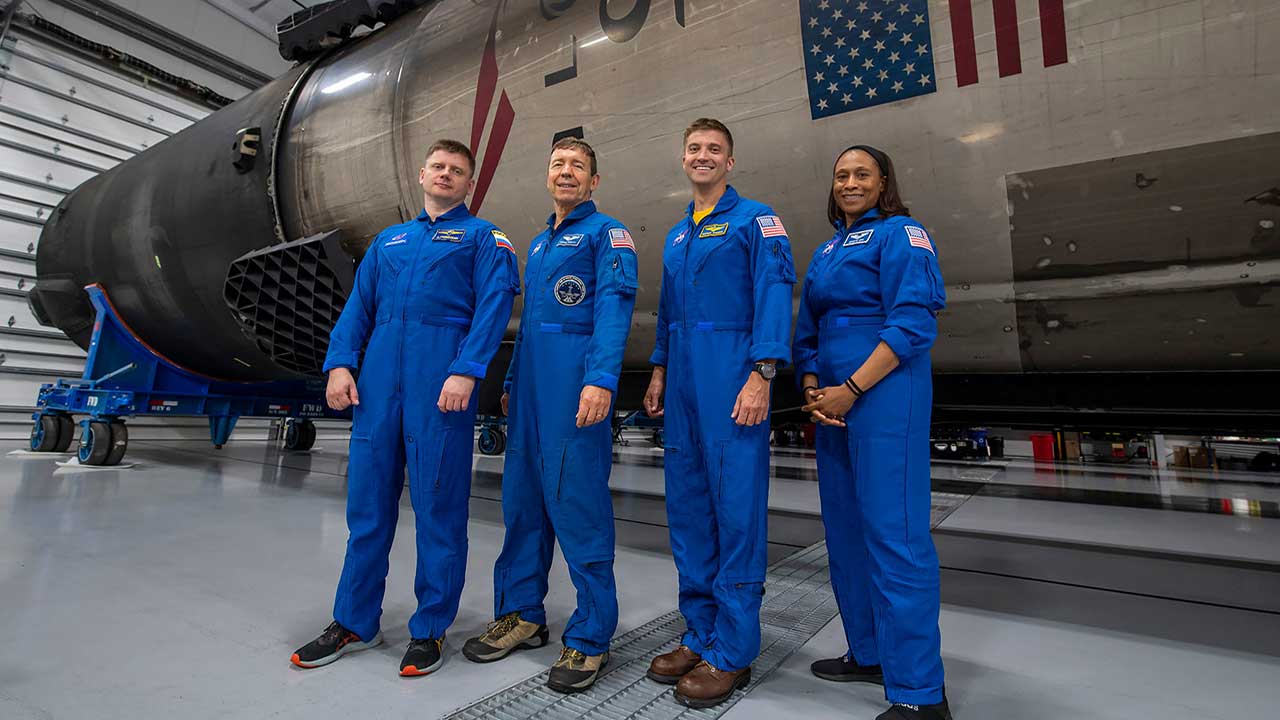 Crew 8 astronauts- (from left) Mission Specialist Alexander Grebenkin, Pilot Michael Barratt, Commander Matthew Dominick, and Mission Specialist Jeanette Epps.