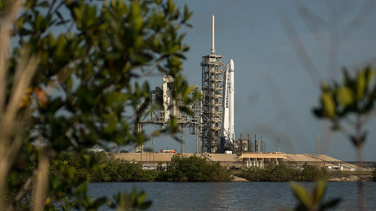 The SpaceX Falcon 9 rocket, with the Dragon spacecraft onboard, is seen shortly after being raised vertical at Launch Complex 39A at NASAs Kennedy Space Center in Cape Canaveral, Florida, Thursday, June 1, 2017.