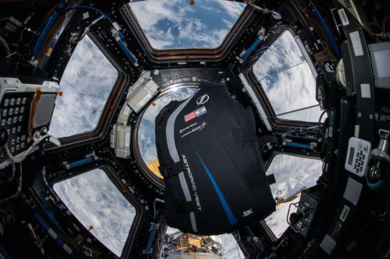 A view of the AstroRad Vest in the Cupola module aboard the International Space Statio