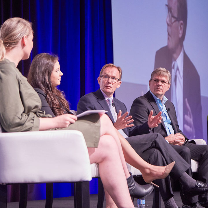Commercial utilization panel participants at the 2018 ISS Research and Development Conference (from left to right): Jackie Wattles, panel moderator and reporter, CNNMoney; Blair Bigelow, co founder and vice president of corporate strategy at Bigelow Space Operations; Derek Shuttleworth, manager of external science and technology for Goodyear Tire & Rubber Co.; and Garry Marty, principal product engineer at Delta Faucet Co.