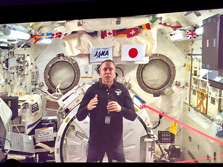 The moderator and students got to talk to Drew Feustel through a live video downlink with the ISS.