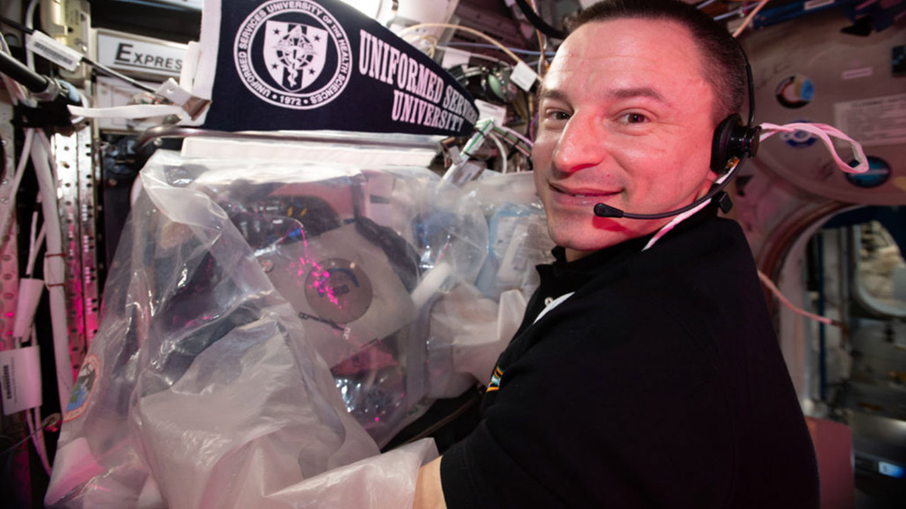 NASA Astronaut and Uniformed Services University of the Health Sciences graduate Dr. Andrew Morgan prepares the 3D BioFabrication Facility for meniscus test prints aboard the International Space Station.
