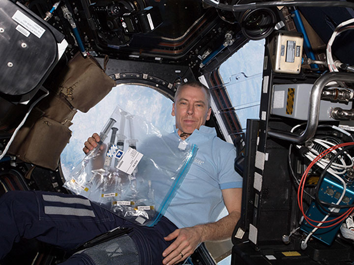 Astronaut Andrew Feustel is photographed holding sample bags which had been documented during the ISS National Lab PCG 9 sample inspection. Photo taken in the Cupola.