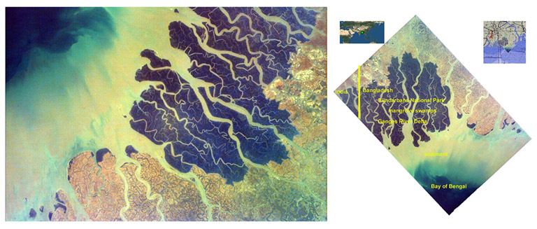 The Ganges River Delta. Left: Image acquired by EarthKAM camera. Right: Same image rotated and annotated, with location reference maps added.