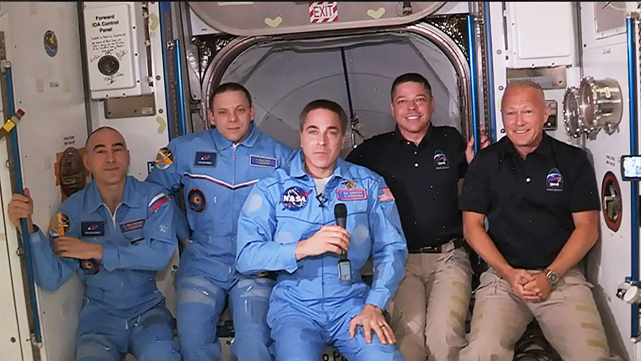The Expedition 63 crew has expanded to five members with the arrival of the SpaceX Crew Dragon. (From left) Anatoly Ivanishin, Ivan Vagner, Chris Cassidy, Bob Behnken and Doug Hurley.