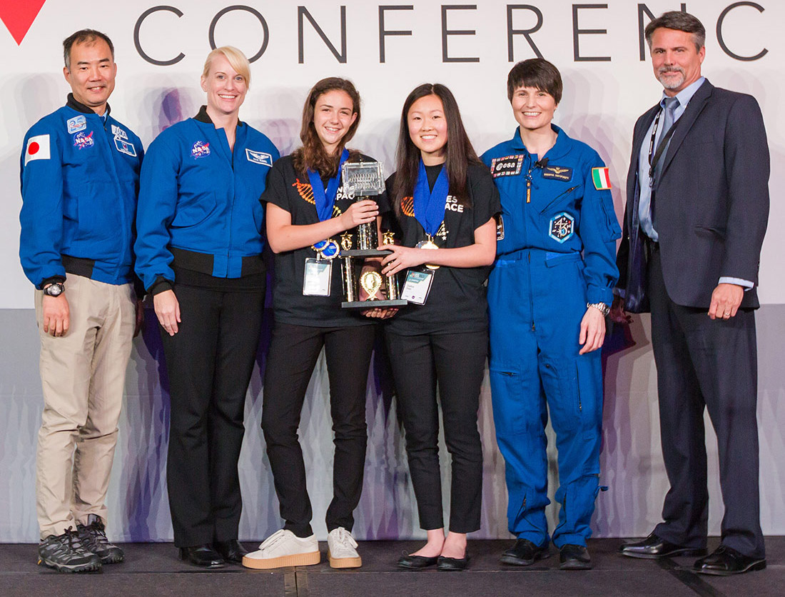 Elizabeth Reizis and Sophia Chen, winners of the 2017 Genes in Space Competition, at the 2017 ISS Research and Development Conference.