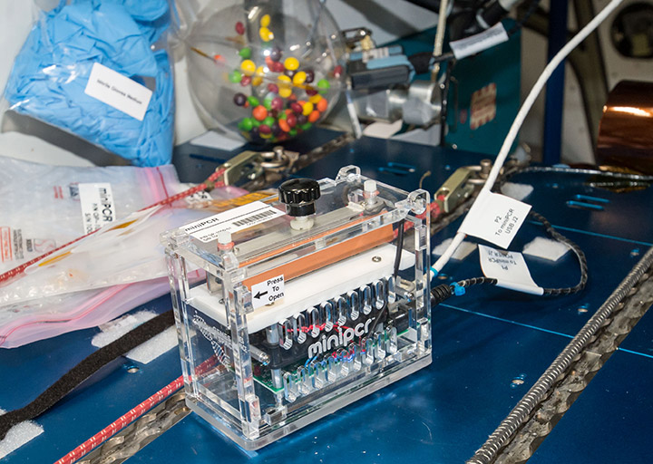 The miniPCR DNA amplification hardware aboard the International Space Station that will be used the Genes in Space 2 experiments.
