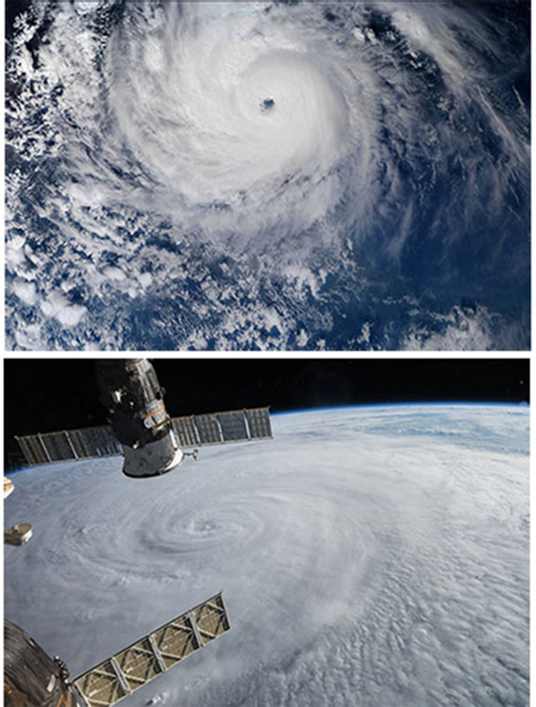Top: Hurricane Harvey (Image courtesy of NASA) Bottom: Typhoon Soudelor (Image courtesy of Visidyne)
