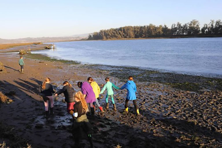 The team helped each other out of the mud while collecting seagrass samples during the King low tide at the Elkhorn Slough National Estuarine Research Reserve.