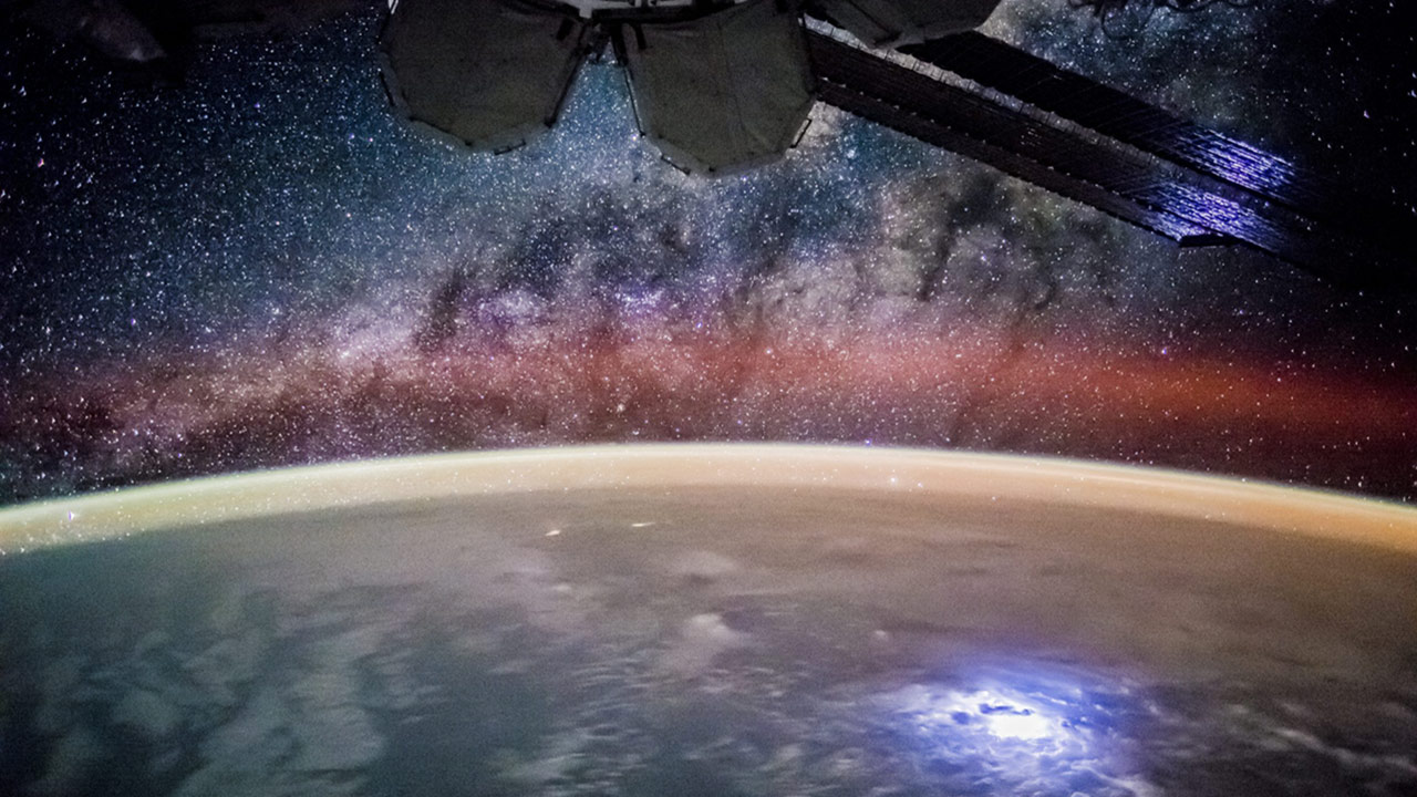 Astronauts onboard the ISS see the world at night on every orbit thats 16 times each crew day. An astronaut took this broad, short lens photograph of Earths night lights while looking out over the remote reaches of the central equatorial Pacific Ocean.