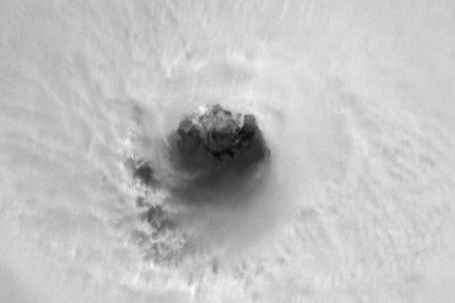 A closeup of the eye of Hurricane Harvey taken from the ISS on August 25, 2017, about six hours before the storm made its initial landfall in Texas.
