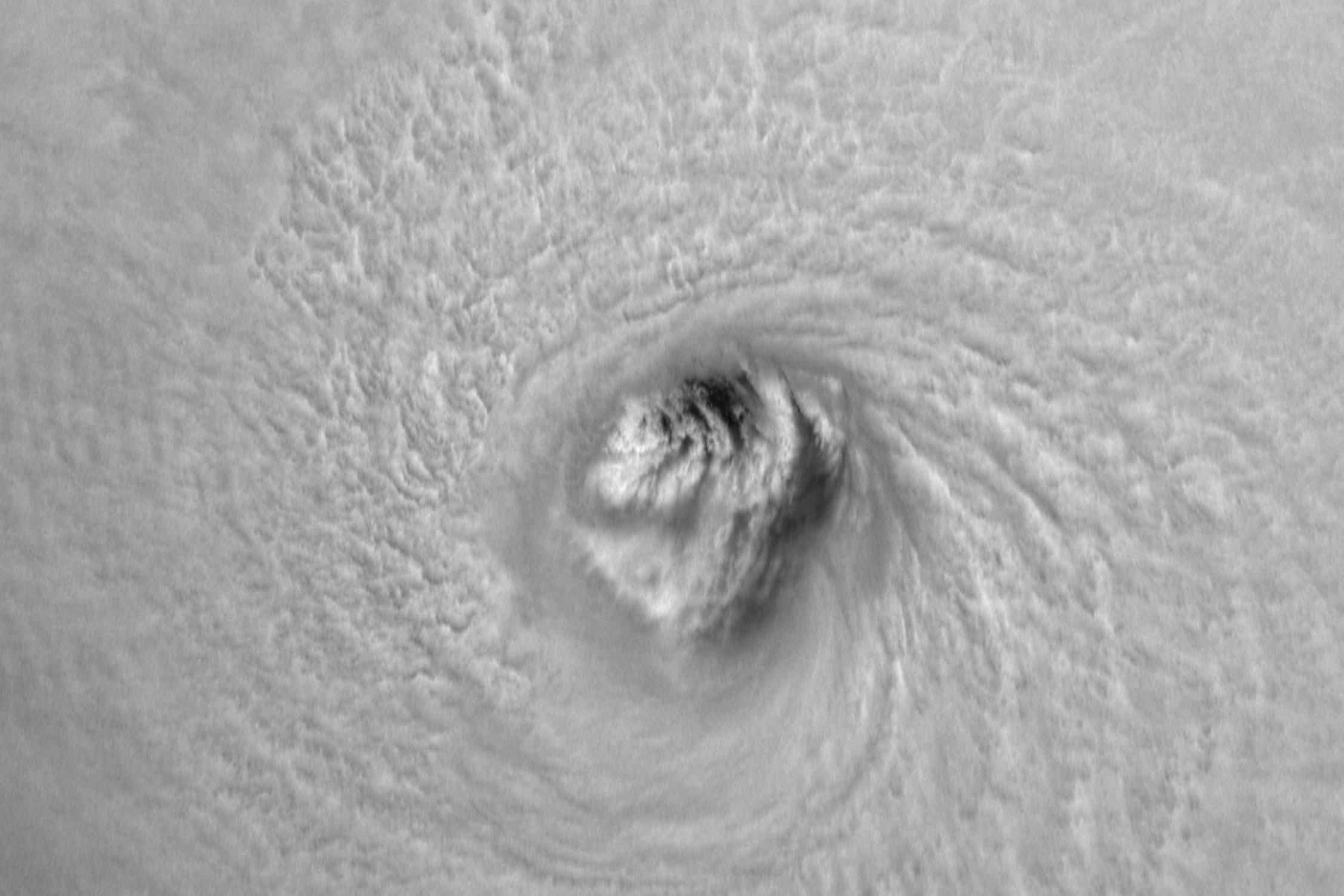 A black and white closeup of the eye of Hurricane Irma taken from the ISS on September 5, 2017.