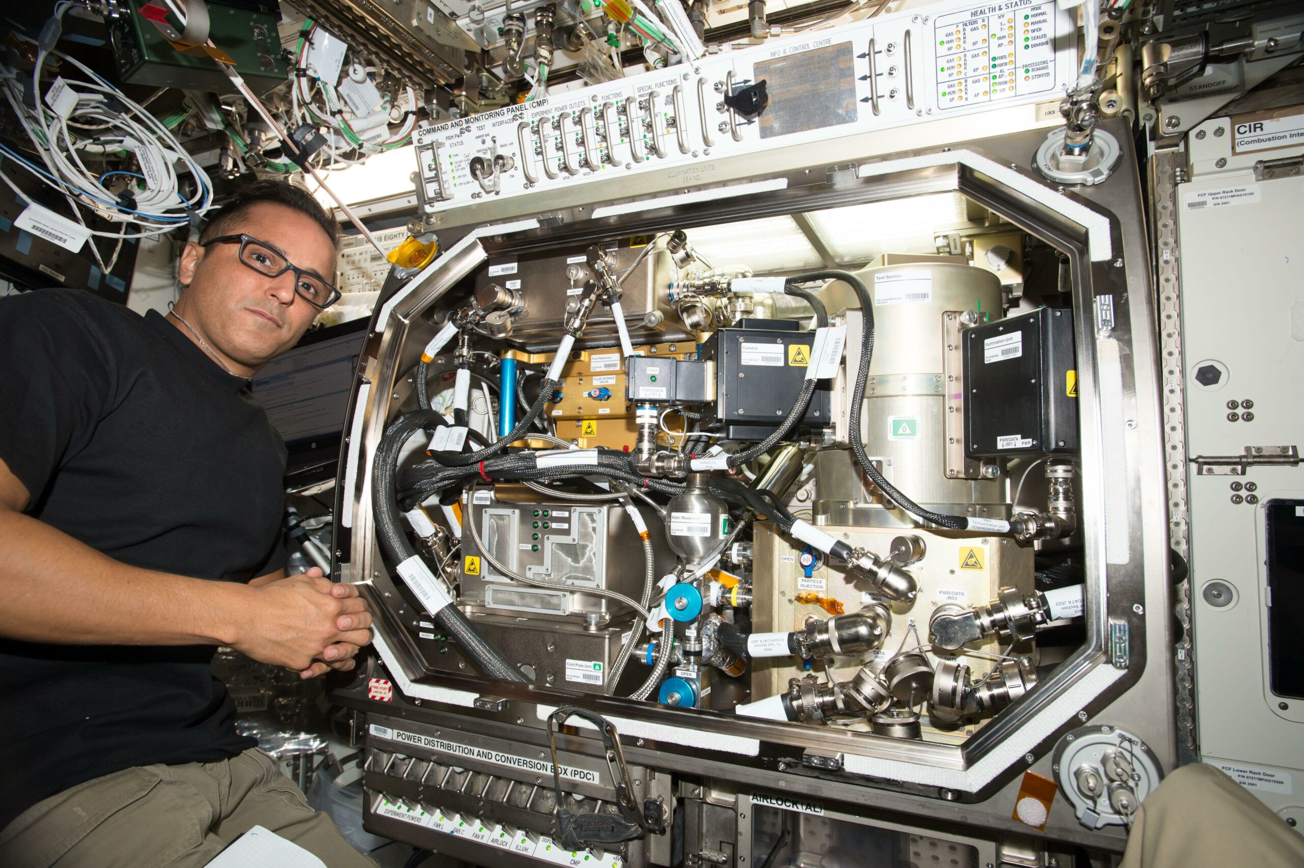 NASA astronaut Joe Acaba setting up hardware for the Zero Boil Off Tank (ZBOT) experiment. ZBOT uses an experimental fluid to test active heat removal and forced jet mixing as alternative means for controlling tank pressure for volatile fluids. Rocket fuel, spacecraft heating and cooling systems, and sensitive scientific instruments rely on very cold cryogenic fluids. Heat from the environment around cryogenic tanks can cause their pressures to rise, which requires dumping or boiling off fluid to release the excess pressure, or actively cooling the tanks in some way.