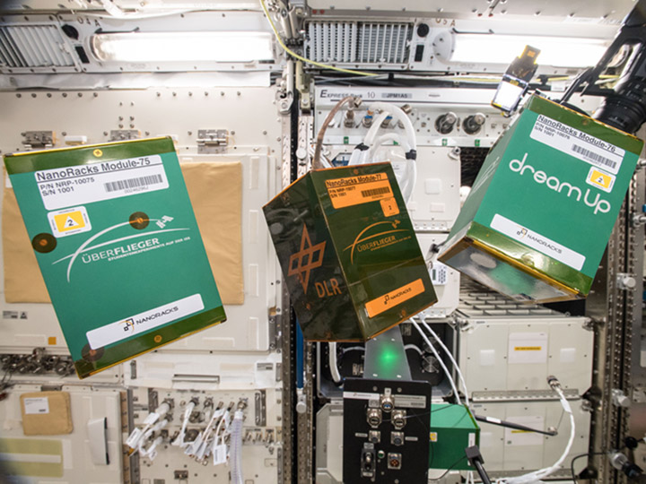 A view of (ARISE) NanoRacks Module 75, the Pump Application using Pulsed Electromagnets for Liquid reLocation (PAPELL) NanoRacks Module 76 and the Experimental Chondrule Formation at the International Space Station (EXCISS) NanoRacks Module 77 experiments on the ISS.